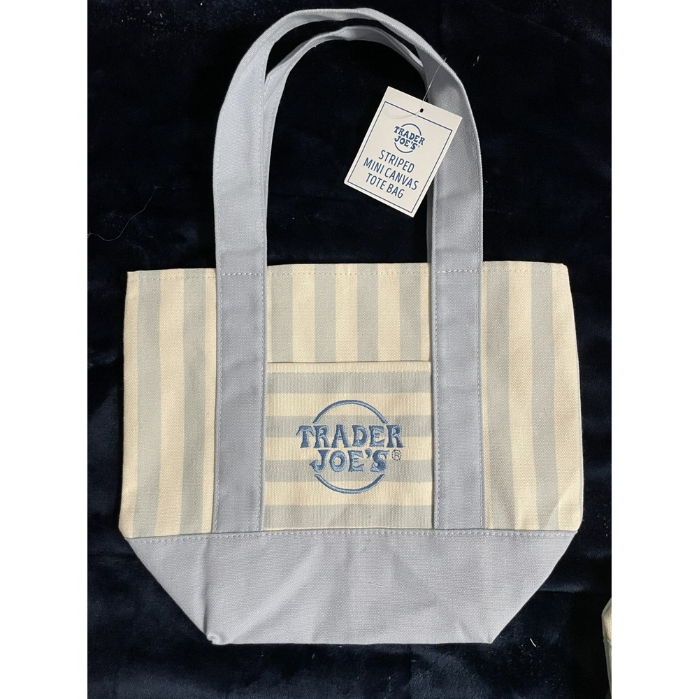 Trader Joe's Limited 2026 BABY BLUE Mini Canvas Pastel Striped Tote Bag